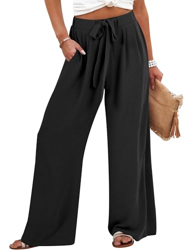 Caracilia Women Wide Leg Palazzo Pants Summer High Waist Flowy Casual Trousers Loose Lounge Beach Travel Vacation Clothes Black Large