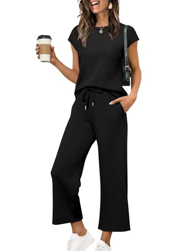 SAMPEEL Lounge Sets for Women Casual Summer Outfits Two Piece Sets Business Casual Vacation Travel Outfits Date Wide Leg Crop Pants Black XL