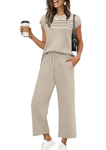 WIHOLL 2 Piece Sets for Women Summer Vacation Airport Cruise Travel Outfits for Airplane 2025 Matching Clothing Trendy Resort Wear Comfy Loungewear Short Sleeve Petite Lounge Sets Beige L