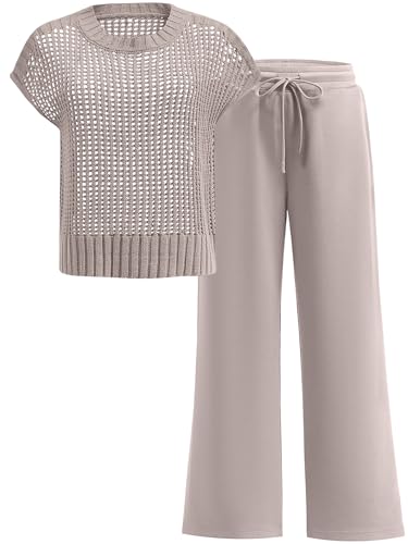 ANRABESS Women Two Piece Outfits Crochet Sheer Knit Sweater Top Wide Leg Pants Lounge Matching Sets Sweatsuit Travel Clothes light khaki Large