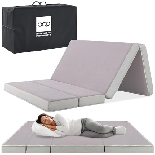 Best Choice Products 4in Portable Queen-Size Mattress, Tri-Fold Mattress for Camping, Guest, Toddler, Foam Plush w/Carry Case - Grey