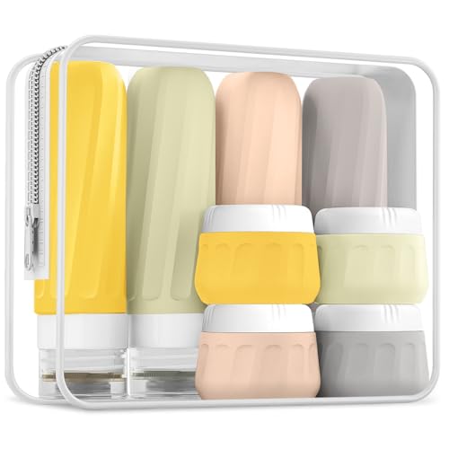 Mrsdry Travel Bottles for Toiletries 8 Pack, Travel Size Toiletries, Tsa Approved Travel Size Containers 3oz, with Travel Essentials Clear Bag, Leak Proof Silicone Squeezable Creams Jars