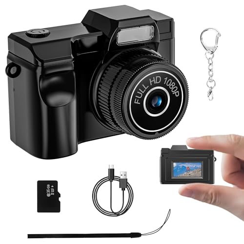Mini Keychain Camera - FHD 1080P Mini Retro Digital Camera - Tiny Pocket Size Photo Video Cameras with 16GB Card - Small Compact Micro Camara Portable Video Recorder for Travel Study Recording (Black)