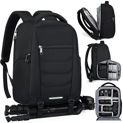 SDYSM Camera Bag Backpack Professional for DSLR SLR Mirrorless Camera Waterproof Laptop Back Pack 15.6 Inch with Rain Cover Anti Theft Travel Case Large Capacity Photography Backpack Black